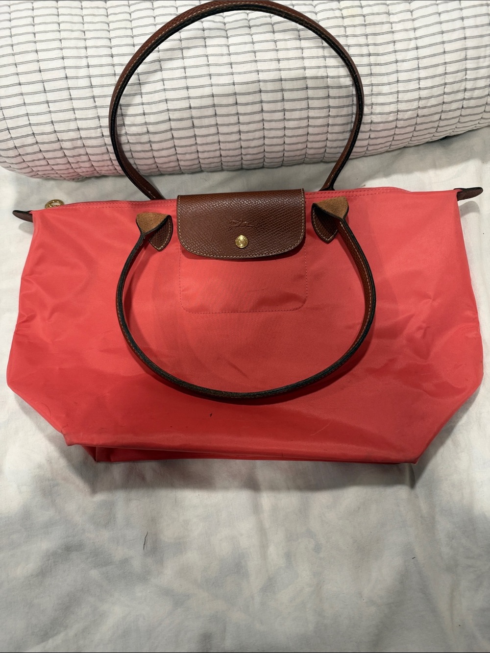 Longchamp Nylon Tote in Coral with Brown Trim